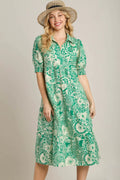 Umgee Full Size Printed Smocked Cuff Puff Sleeve Midi Dress Plus Size - Velora Luxury Fashion