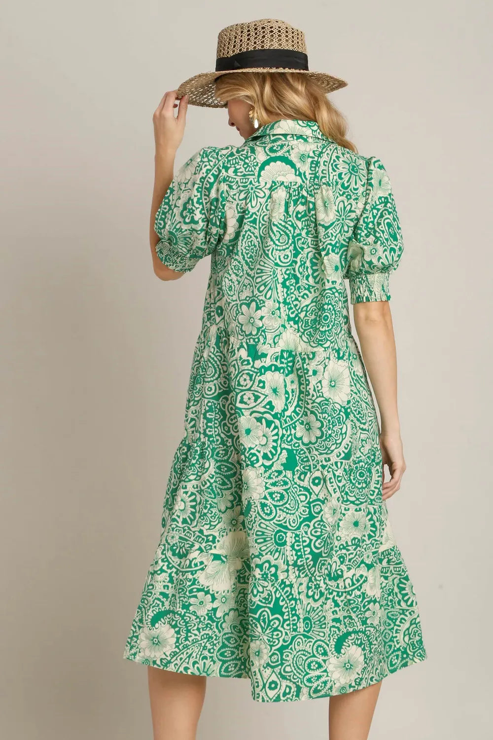 Umgee Full Size Printed Smocked Cuff Puff Sleeve Midi Dress Plus Size - Velora Luxury Fashion