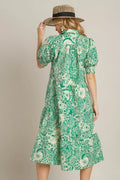 Umgee Full Size Printed Smocked Cuff Puff Sleeve Midi Dress Plus Size - Velora Luxury Fashion