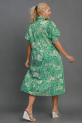 Umgee Full Size Printed Smocked Cuff Puff Sleeve Midi Dress Plus Size - Velora Luxury Fashion