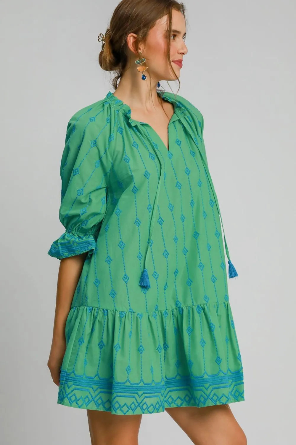 Umgee Full Size Tassel Embroidered Flounce Sleeve Mini Dress Plus Size - Velora Luxury Fashion