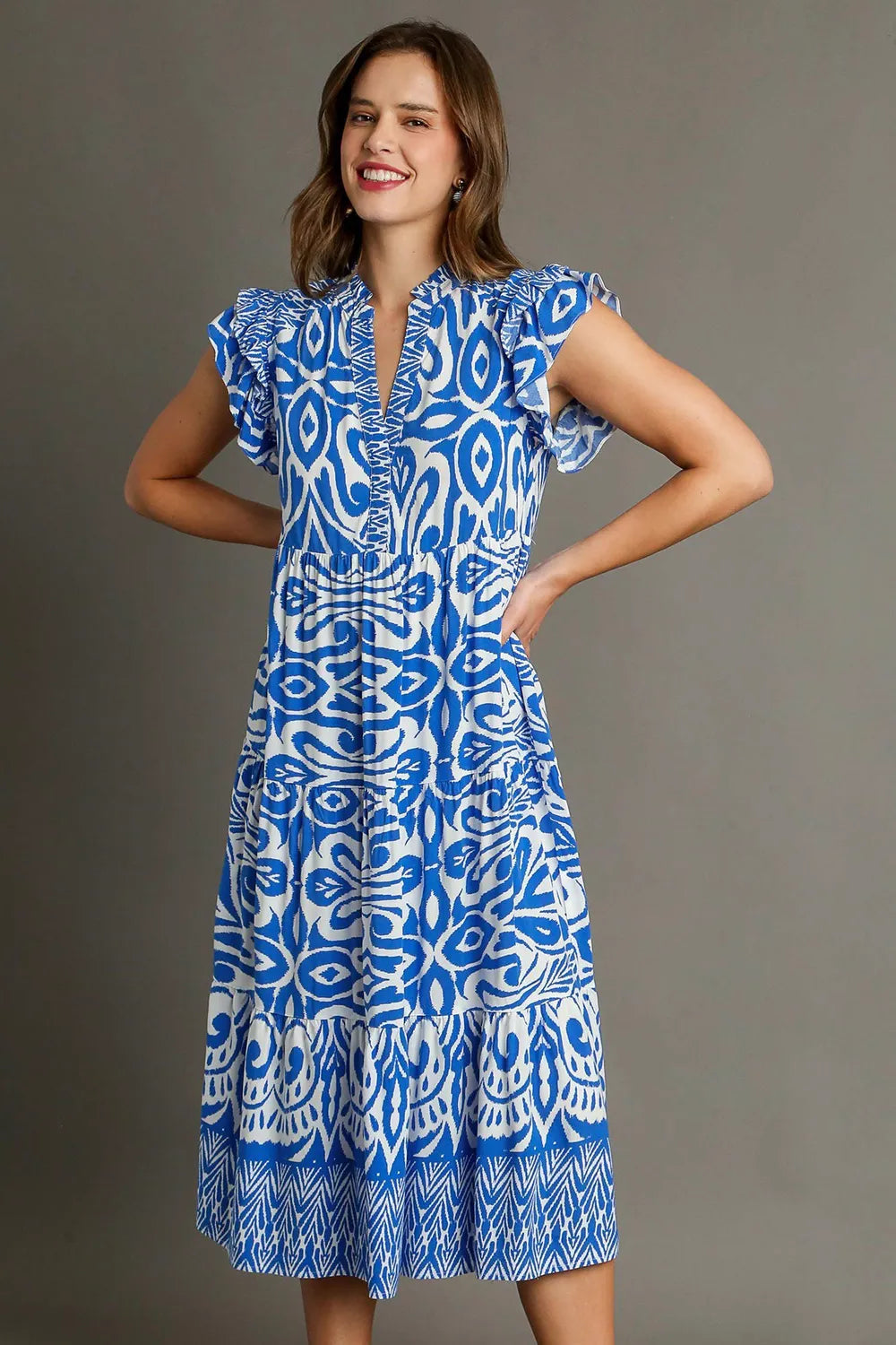 Umgee Full Size Two Tone Border Print Ruffle Cap Sleeve Midi Dress Plus Size - Velora Luxury Fashion
