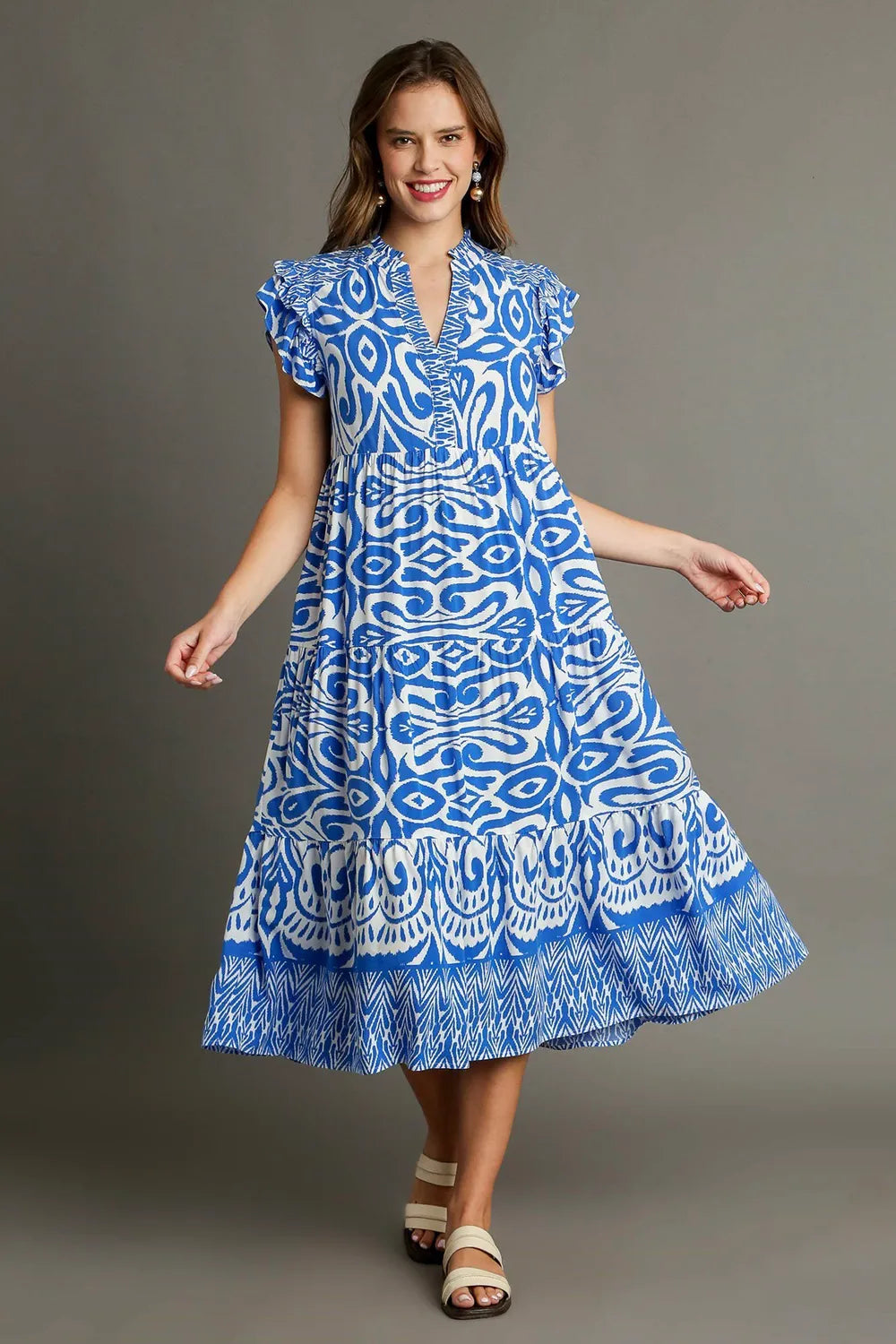 Umgee Full Size Two Tone Border Print Ruffle Cap Sleeve Midi Dress Plus Size - Velora Luxury Fashion