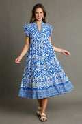 Umgee Full Size Two Tone Border Print Ruffle Cap Sleeve Midi Dress Plus Size - Velora Luxury Fashion