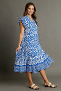 Umgee Full Size Two Tone Border Print Ruffle Cap Sleeve Midi Dress Plus Size - Velora Luxury Fashion