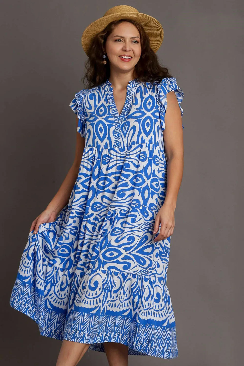 Umgee Full Size Two Tone Border Print Ruffle Cap Sleeve Midi Dress Plus Size - Velora Luxury Fashion