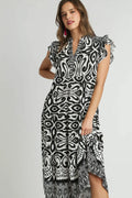 Umgee Full Size Two Tone Border Print Ruffle Cap Sleeve Midi Dress Plus Size - Velora Luxury Fashion