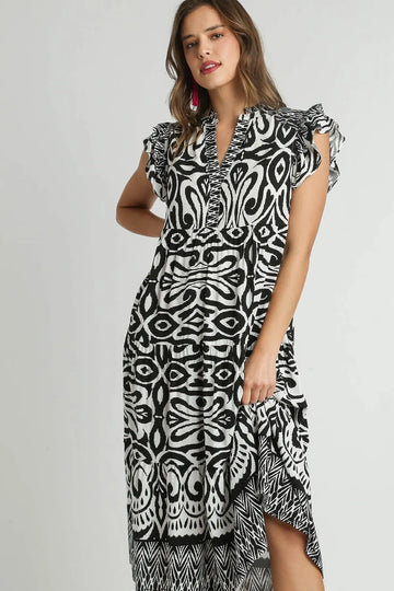Umgee Full Size Two Tone Border Print Ruffle Cap Sleeve Midi Dress Plus Size - Velora Luxury Fashion