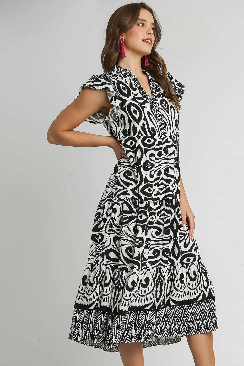Umgee Full Size Two Tone Border Print Ruffle Cap Sleeve Midi Dress Plus Size - Velora Luxury Fashion