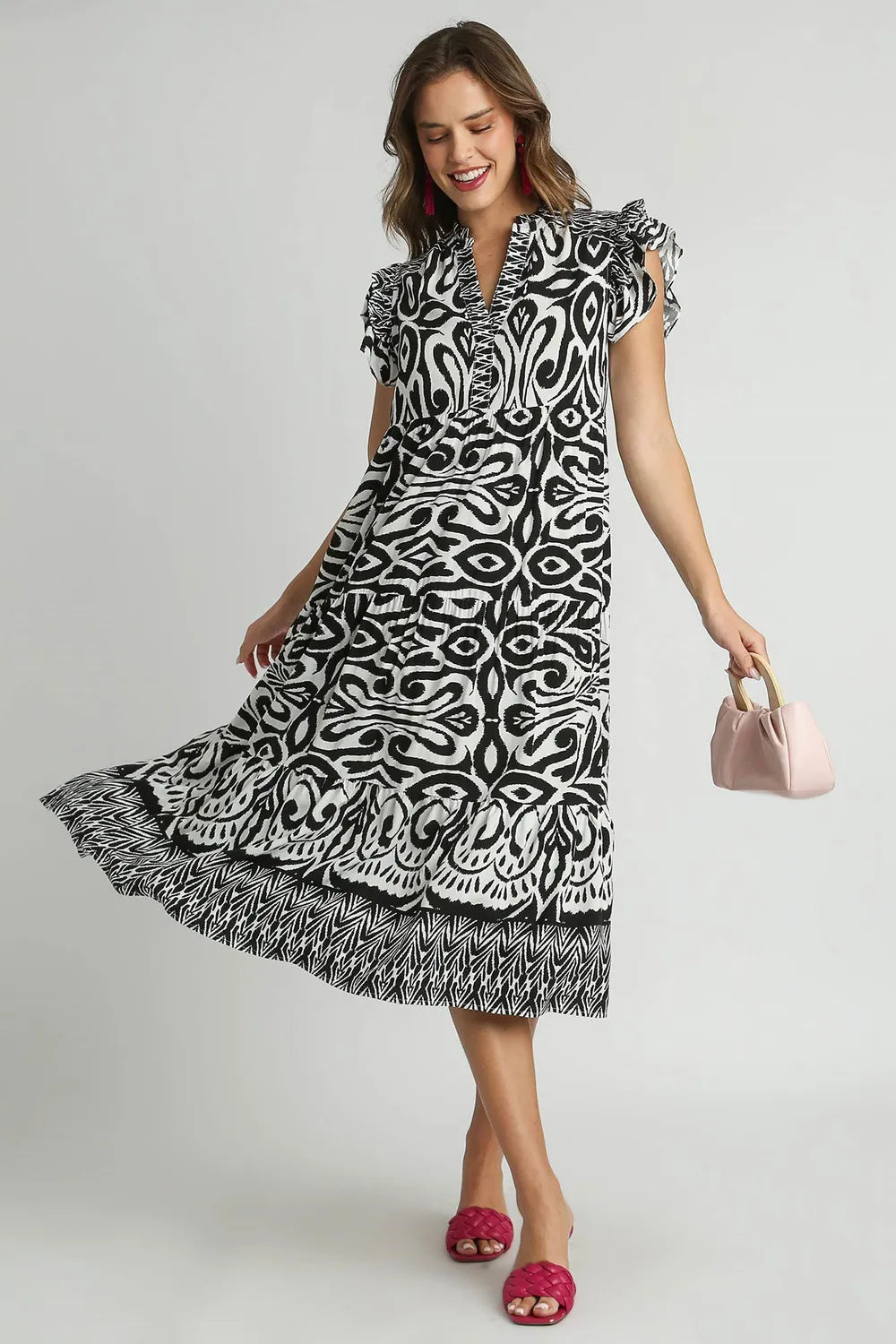 Umgee Full Size Two Tone Border Print Ruffle Cap Sleeve Midi Dress Plus Size - Velora Luxury Fashion