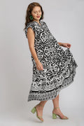 Umgee Full Size Two Tone Border Print Ruffle Cap Sleeve Midi Dress Plus Size - Velora Luxury Fashion