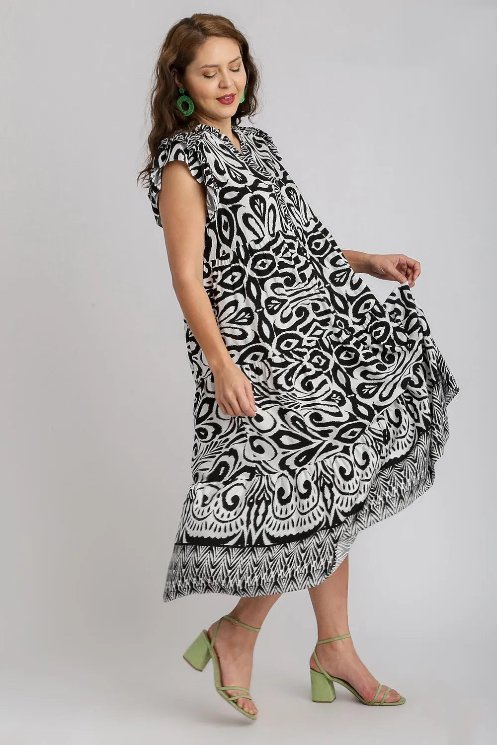 Umgee Full Size Two Tone Border Print Ruffle Cap Sleeve Midi Dress Plus Size - Velora Luxury Fashion