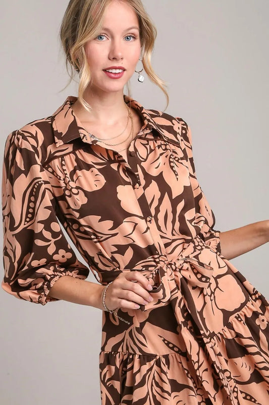 Umgee Full Size Two Tone Floral Print Puff Sleeve Tie Waist Dress Plus Size - Velora Luxury Fashion