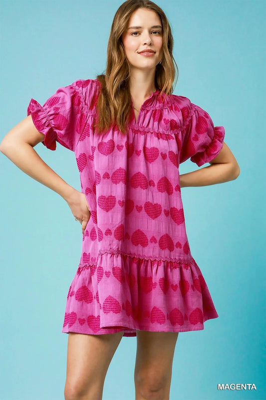 Umgee Heart Pattern Short Sleeve Ruffle Babydoll Dress - Velora Luxury Fashion