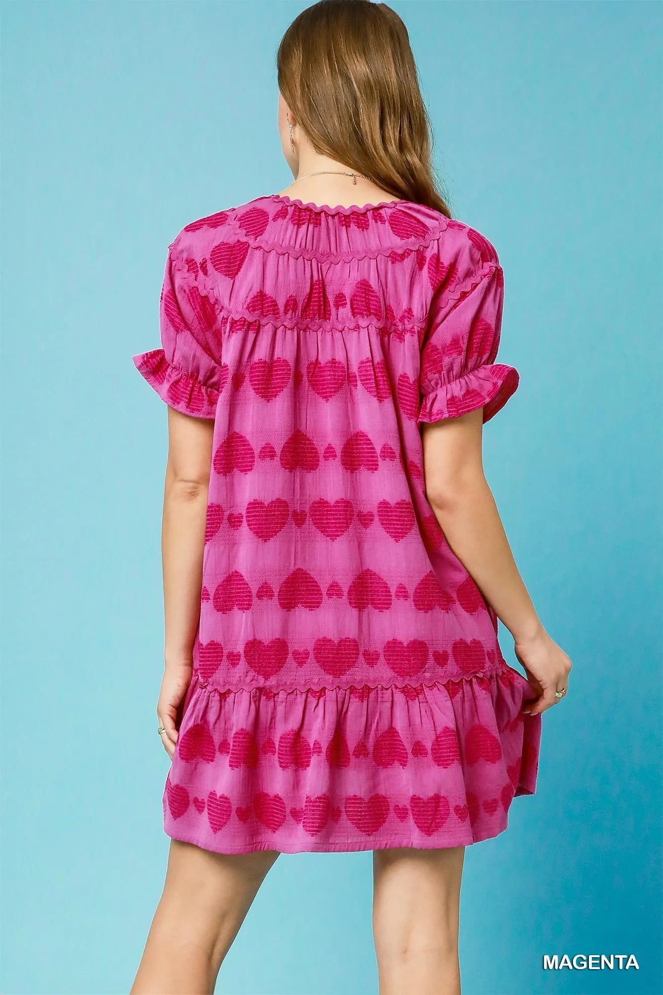 Umgee Heart Pattern Short Sleeve Ruffle Babydoll Dress - Velora Luxury Fashion