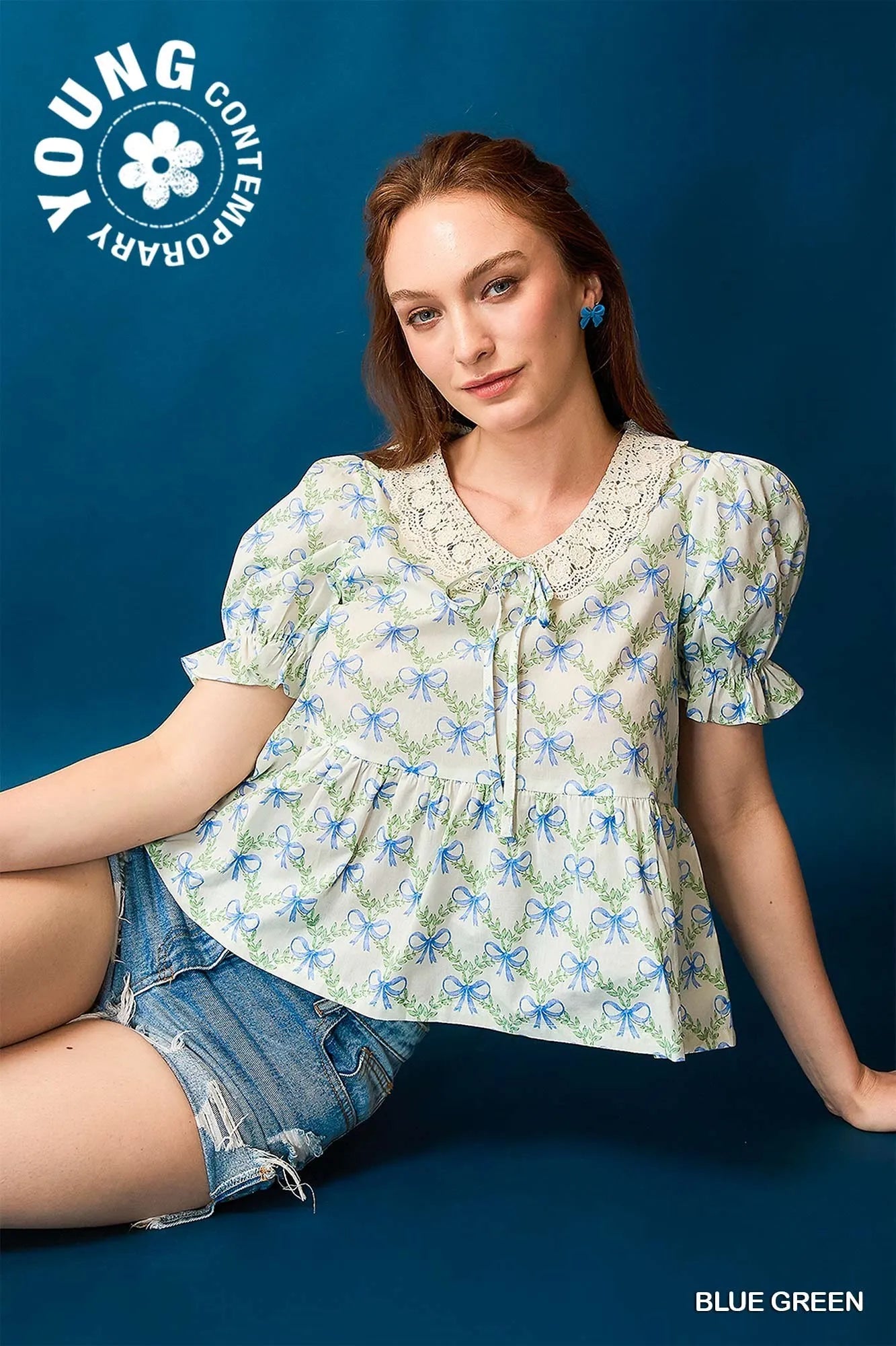 Umgee Lace Detail Bow Print Flounce Sleeve Blouse - Velora Luxury Fashion