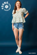 Umgee Lace Detail Bow Print Flounce Sleeve Blouse - Velora Luxury Fashion