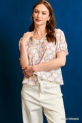 Umgee Lace Detail Bow Print Flounce Sleeve Blouse - Velora Luxury Fashion