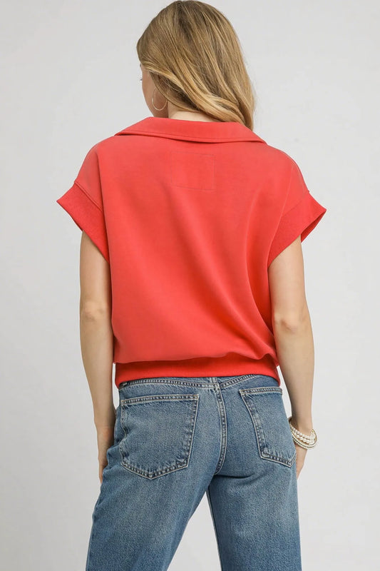 Umgee Luxe Knit Collared Short Sleeve Polo Sweatshirt - Velora Luxury Fashion