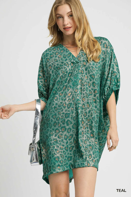 Umgee Metallic Leopard Print V-Neck Kimono Dress - Velora Luxury Fashion