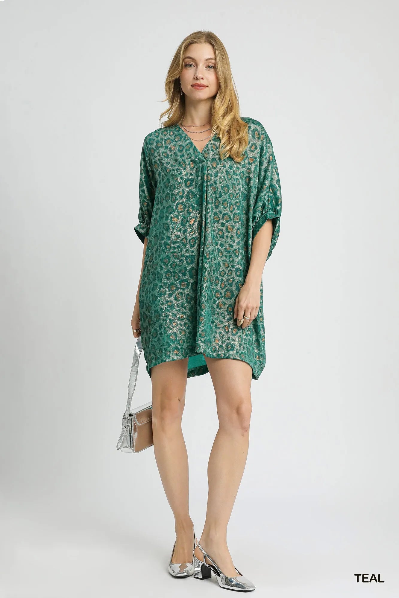 Umgee Metallic Leopard Print V-Neck Kimono Dress - Velora Luxury Fashion