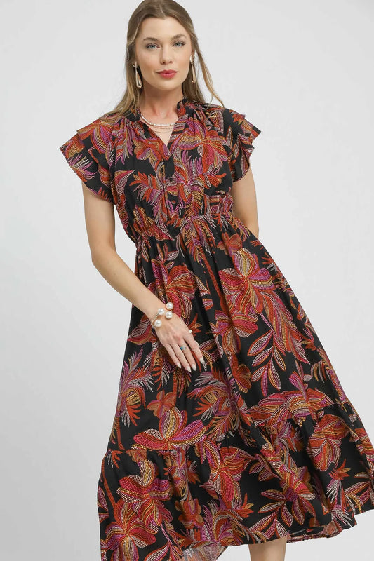 Umgee Mix Ruffle Sleeve Tropical Midi Dress - Velora Luxury Fashion