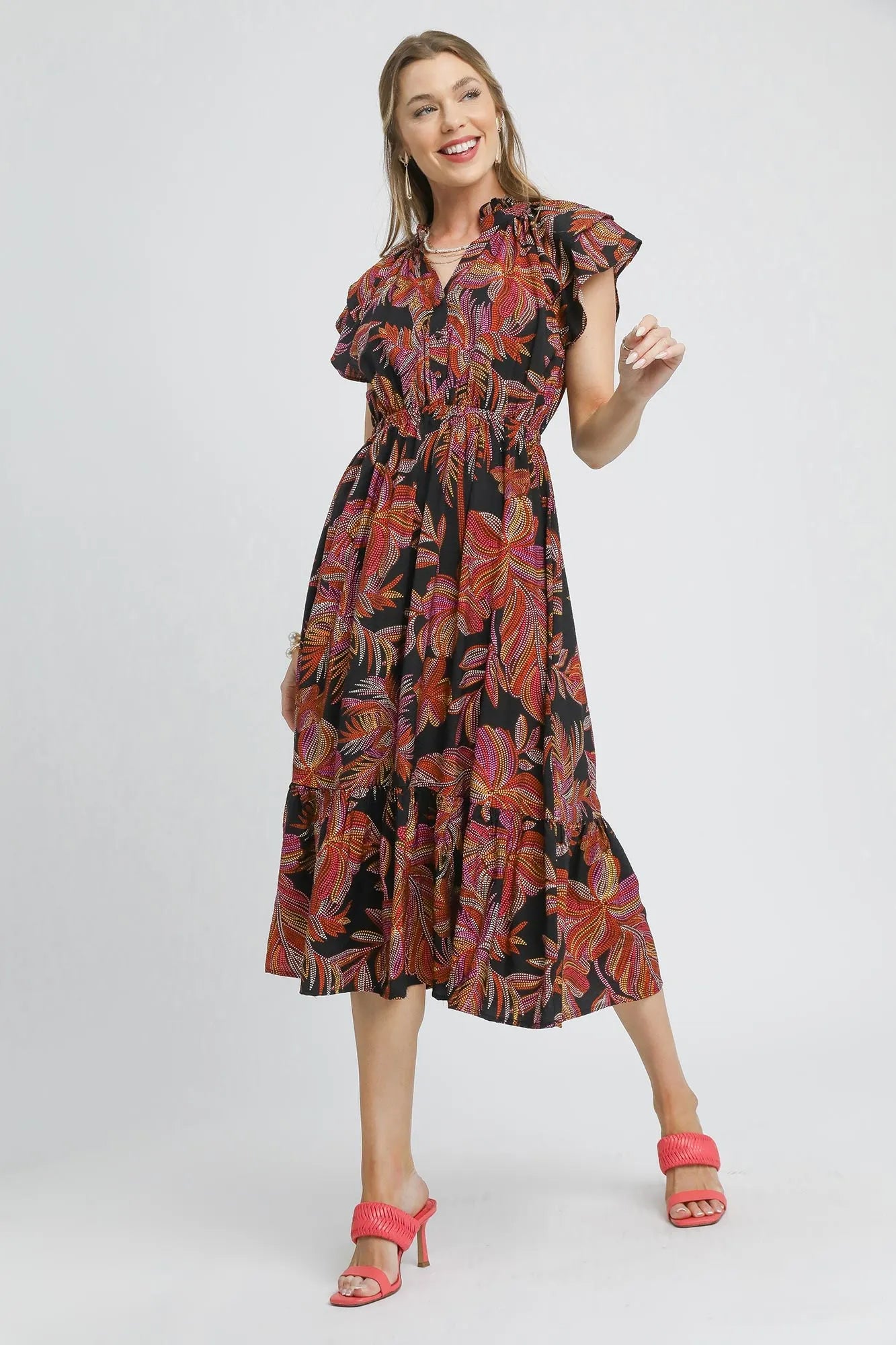 Umgee Mix Ruffle Sleeve Tropical Midi Dress - Velora Luxury Fashion