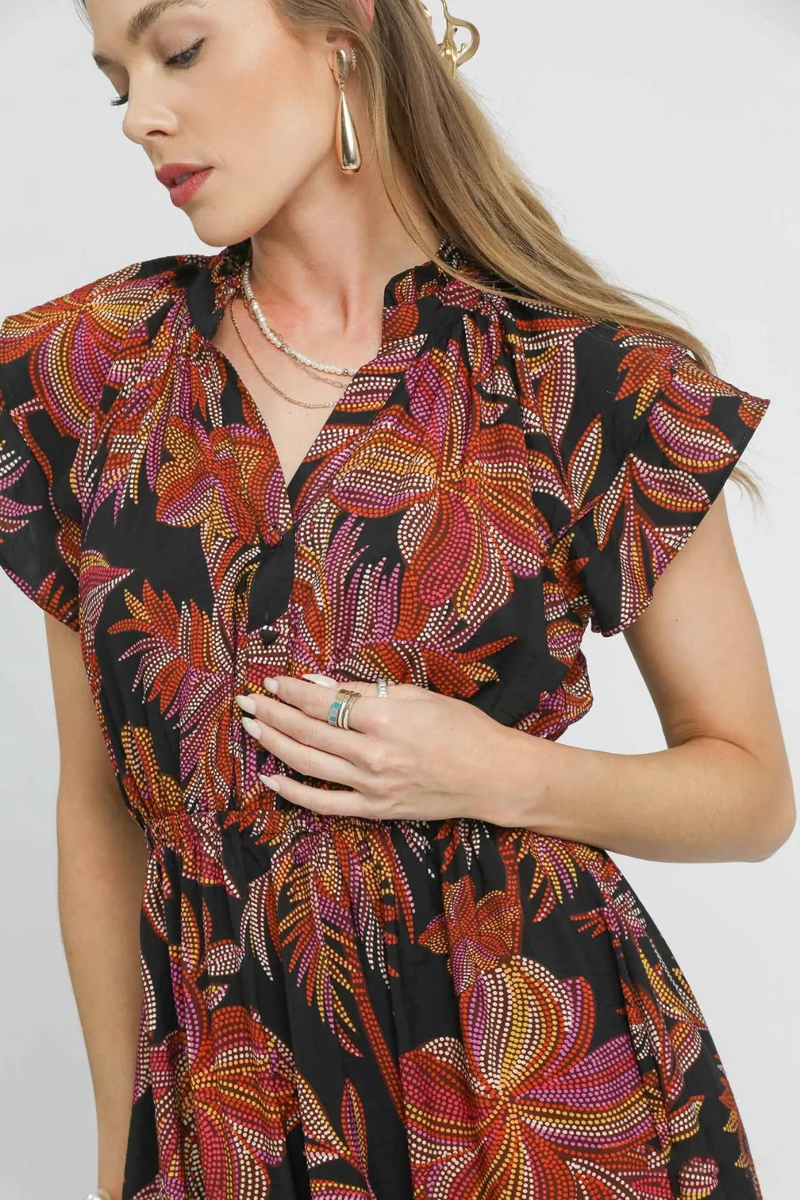 Umgee Mix Ruffle Sleeve Tropical Midi Dress - Velora Luxury Fashion