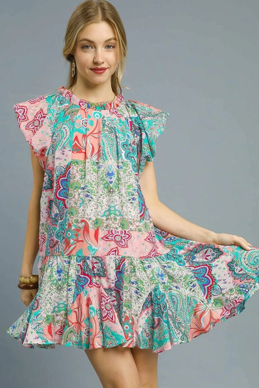 Umgee Printed Ruffle Cap Sleeve Mini Dress - Velora Luxury Fashion