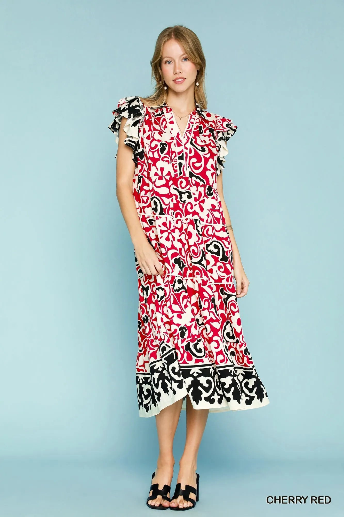 Umgee Printed Ruffled Cap Sleeve Midi Dress - Velora Luxury Fashion