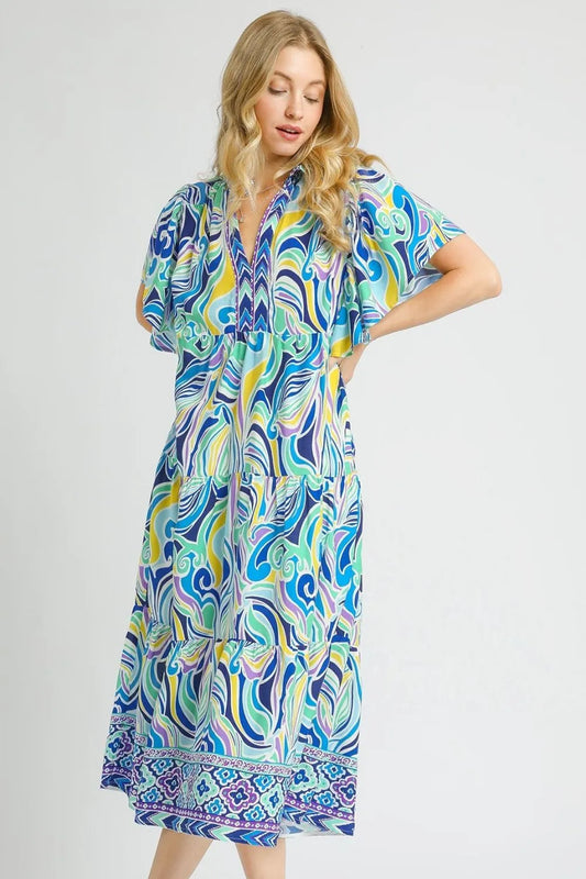 Umgee Printed Short Sleeve Tiered Midi Dress - Velora Luxury Fashion