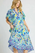 Umgee Printed Short Sleeve Tiered Midi Dress - Velora Luxury Fashion