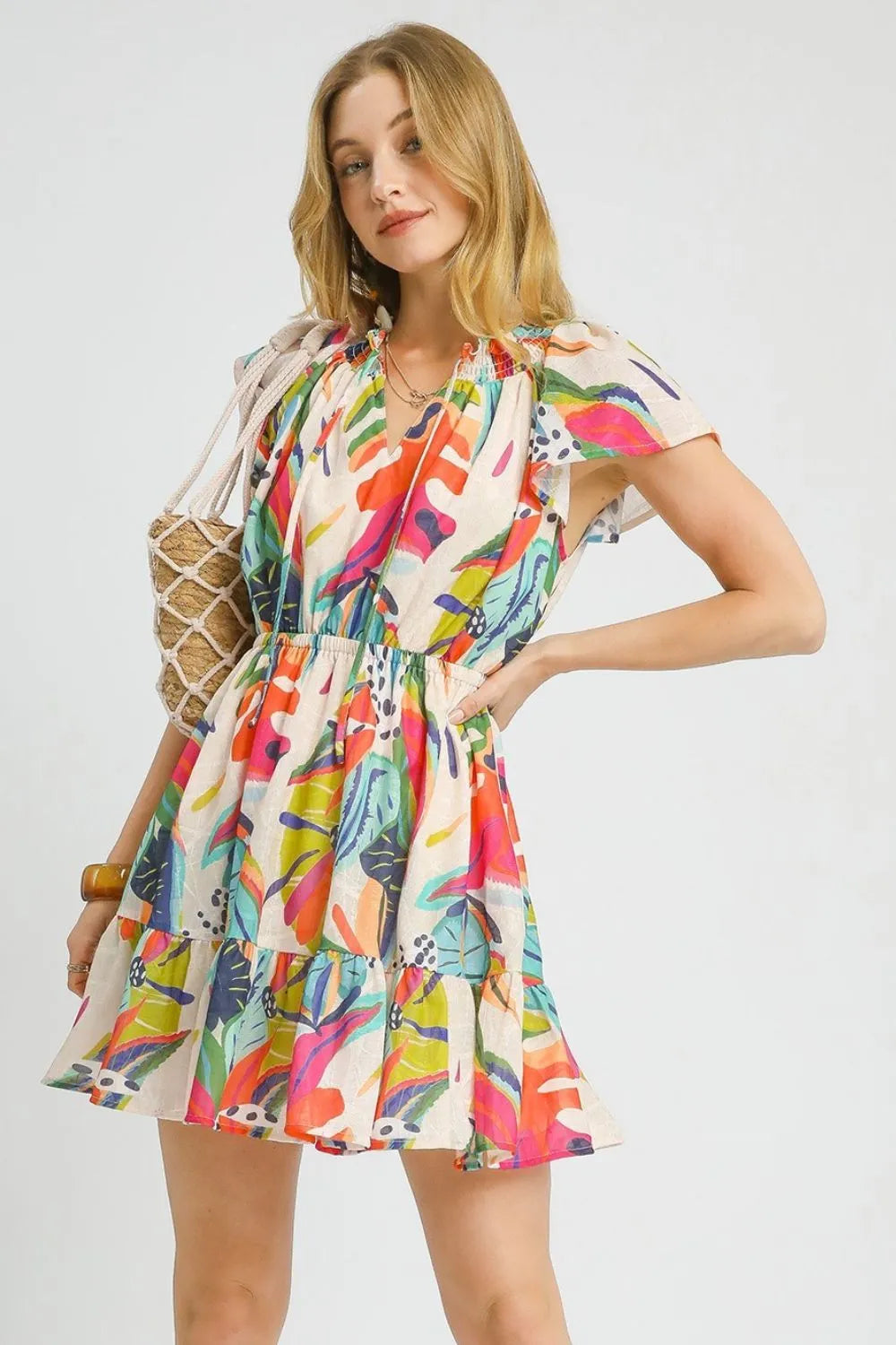 Umgee Printed Tie Neck Ruffled Hem Dress - Velora Luxury Fashion