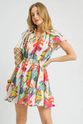 Umgee Printed Tie Neck Ruffled Hem Dress - Velora Luxury Fashion