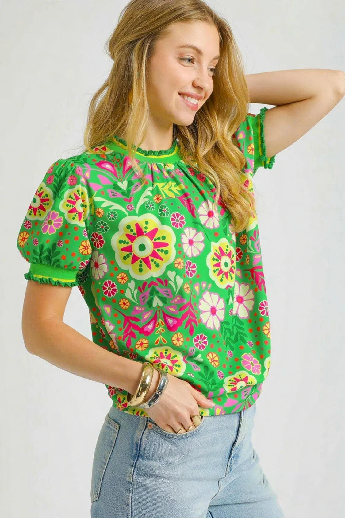 Umgee Retro Floral Puff Sleeve Top - Velora Luxury Fashion