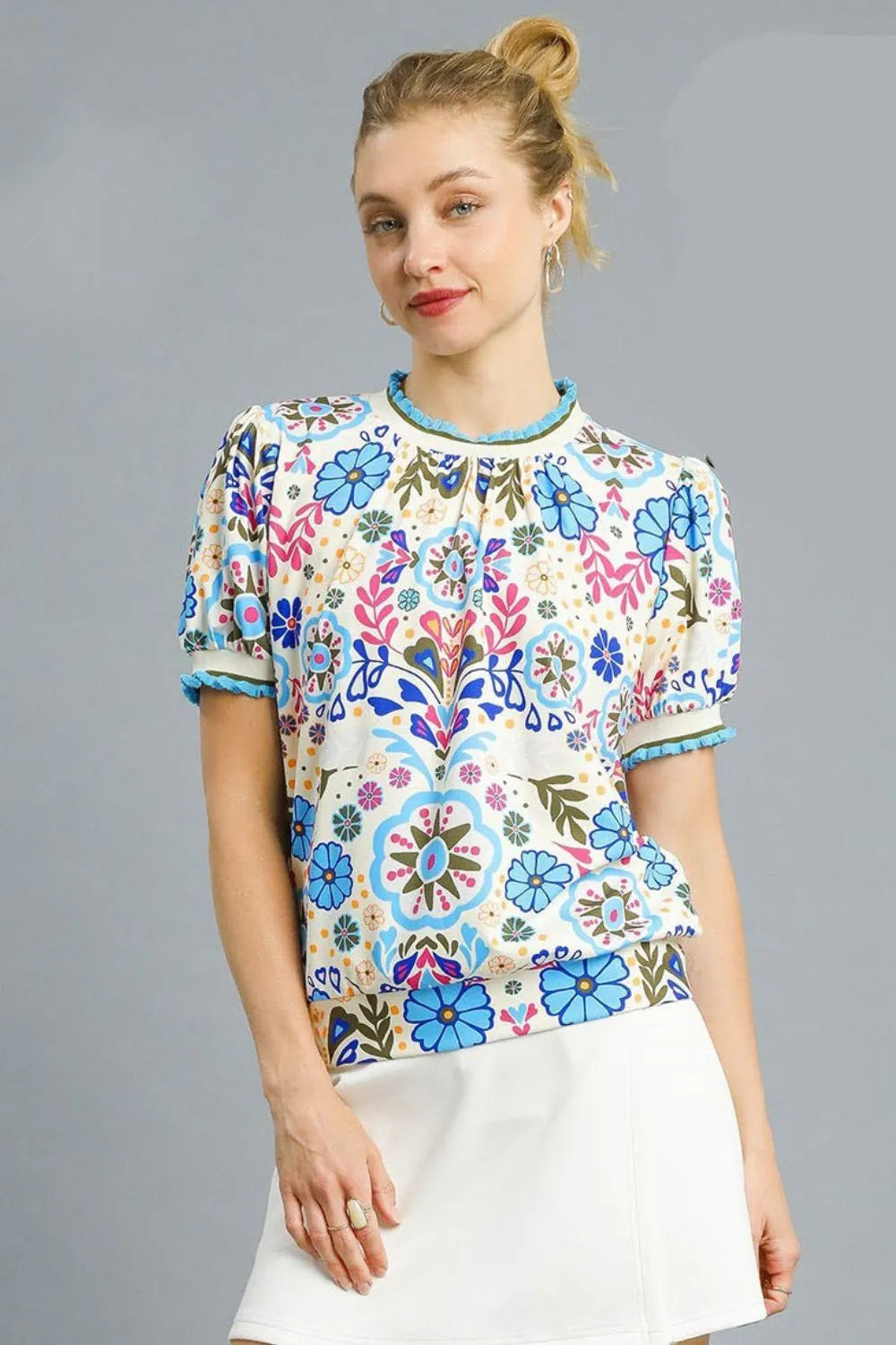 Umgee Retro Floral Puff Sleeve Top - Velora Luxury Fashion