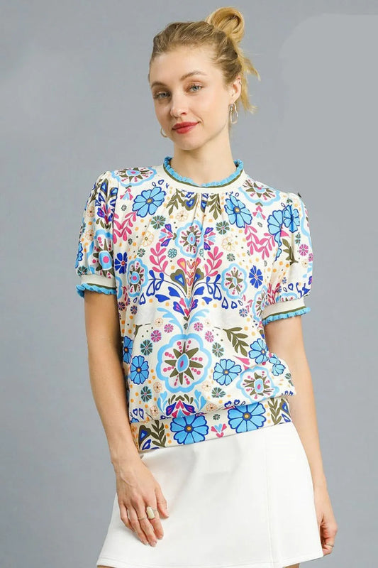 Umgee Retro Floral Puff Sleeve Top - Velora Luxury Fashion