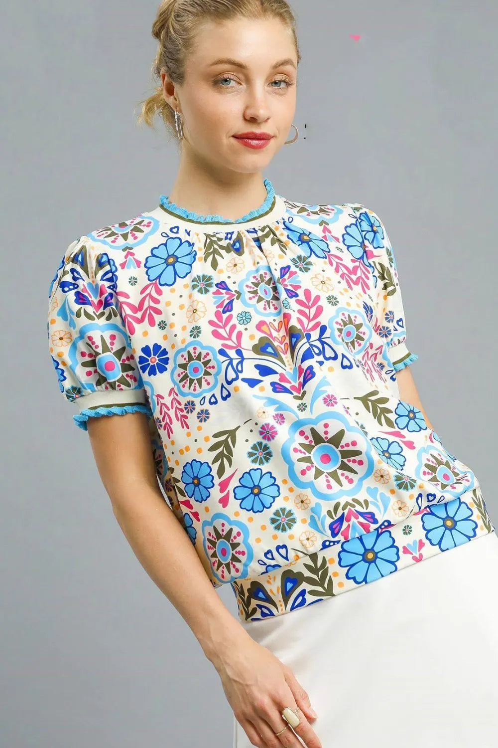 Umgee Retro Floral Puff Sleeve Top - Velora Luxury Fashion