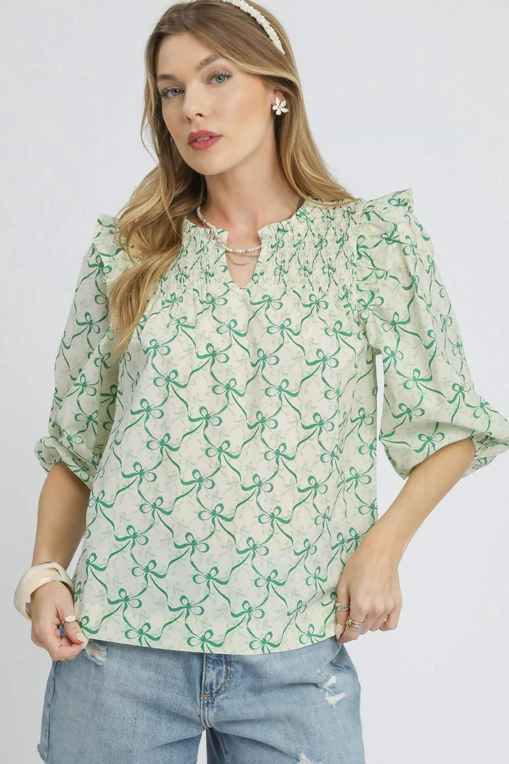 Umgee Ruffled Bow Print Notched Blouse - Velora Luxury Fashion