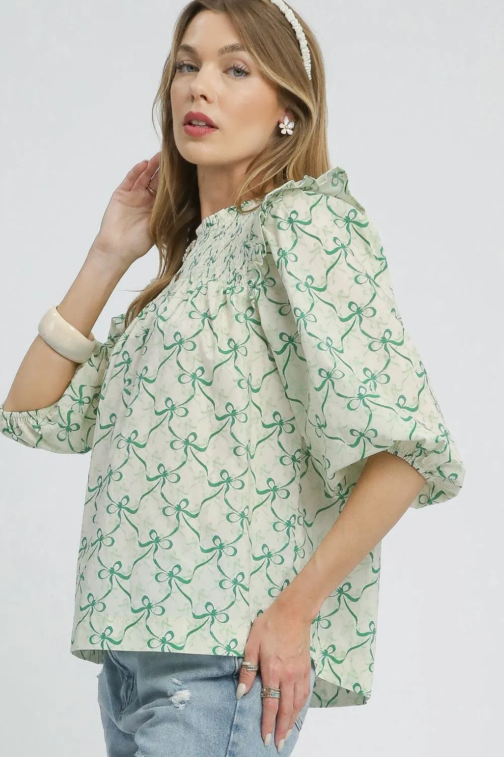 Umgee Ruffled Bow Print Notched Blouse - Velora Luxury Fashion