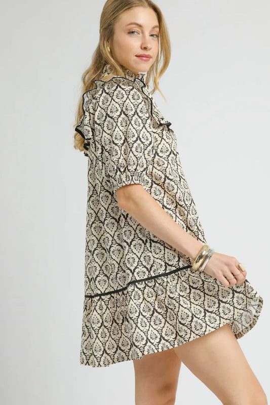 Umgee Ruffled Printed Puff Sleeve Mini Dress - Velora Luxury Fashion