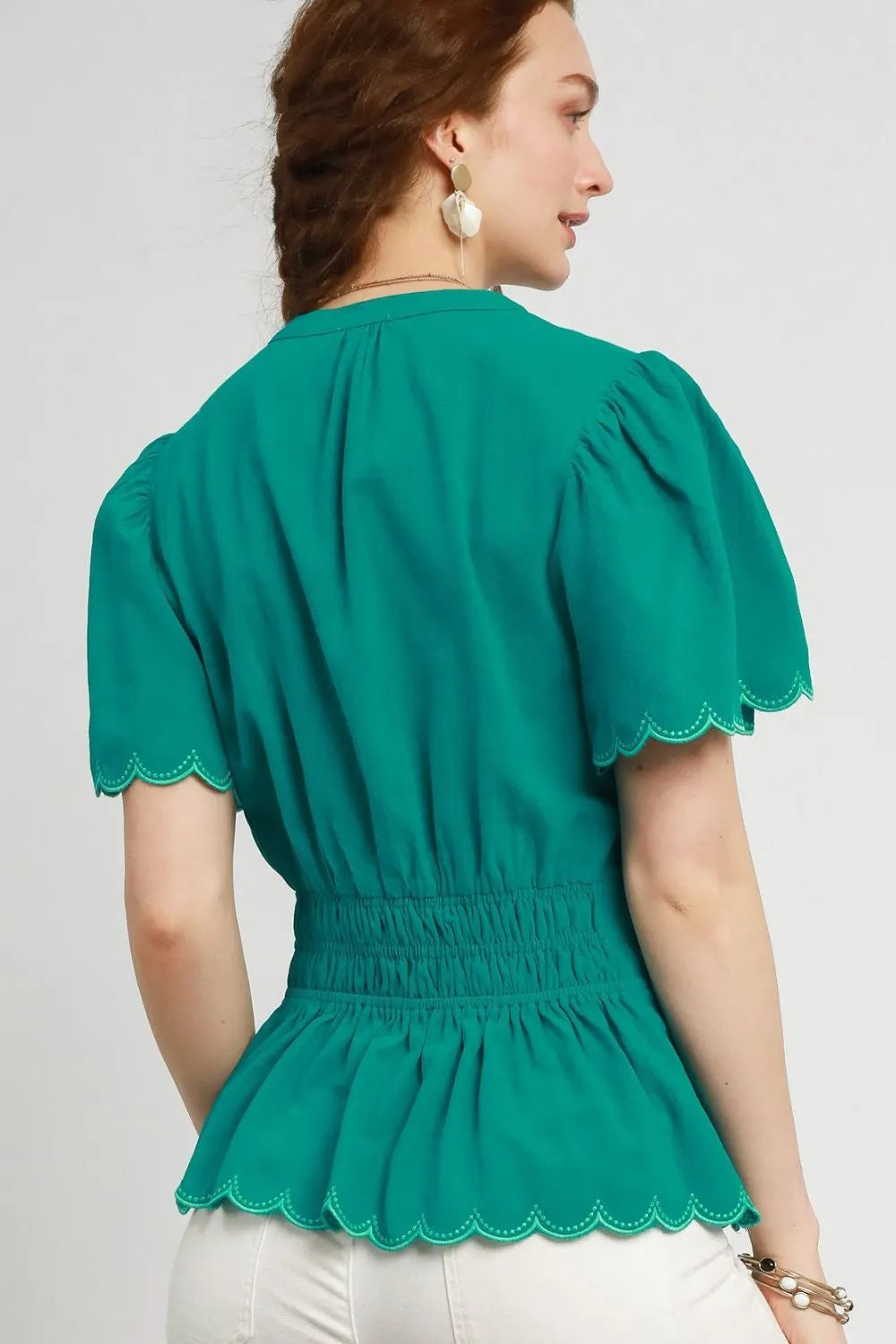Umgee Scalloped Edge Flutter Sleeve Blouse - Velora Luxury Fashion