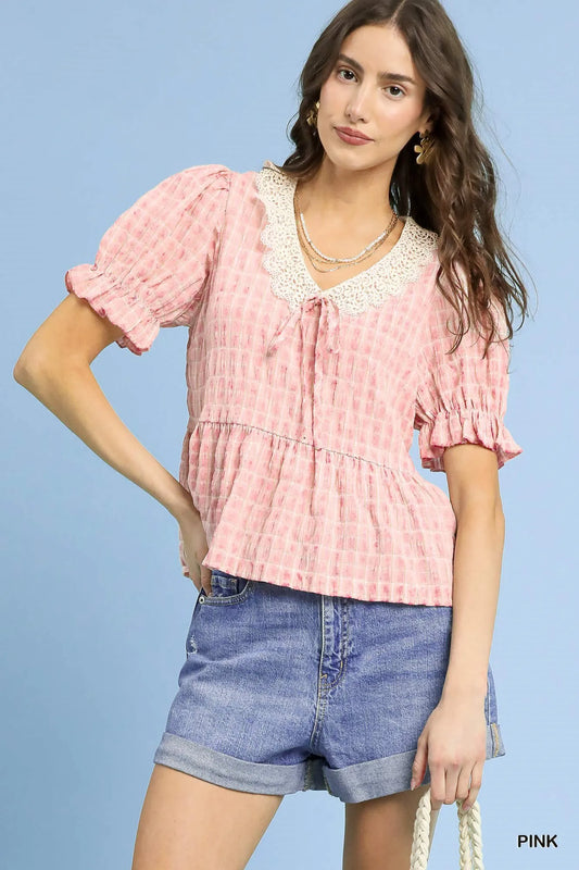 Umgee Short Sleeve Gingham Lace Peplum Blouse - Velora Luxury Fashion