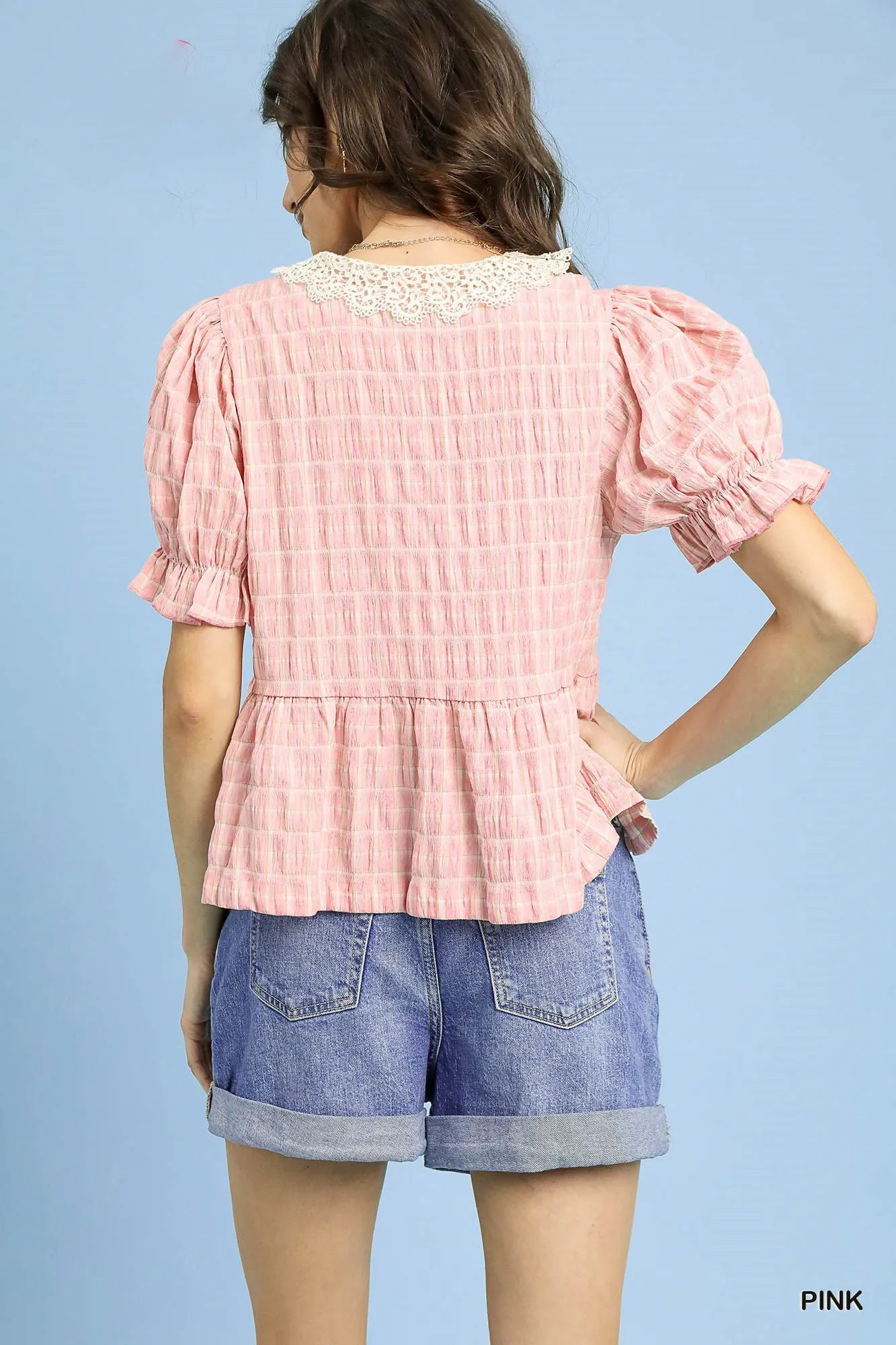 Umgee Short Sleeve Gingham Lace Peplum Blouse - Velora Luxury Fashion
