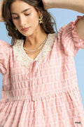 Umgee Short Sleeve Gingham Lace Peplum Blouse - Velora Luxury Fashion