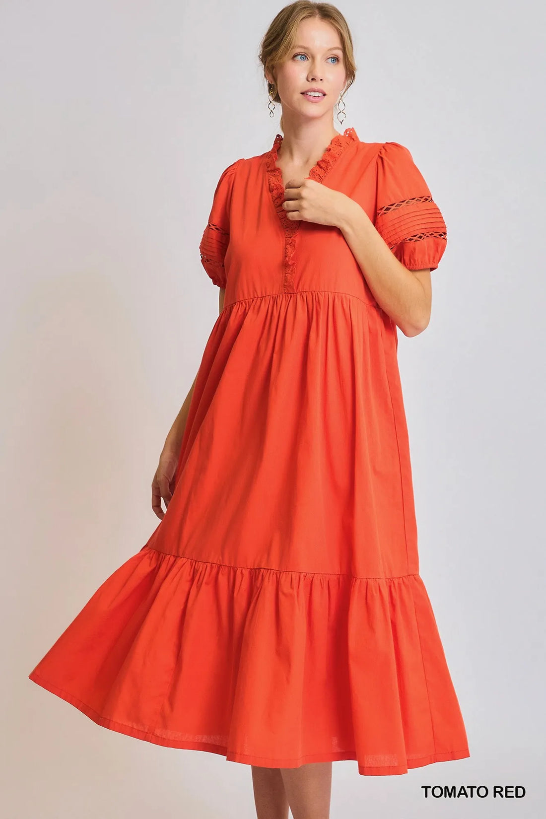 Umgee Short Sleeve Lace-Trim Ruffled Midi Dress - Velora Luxury Fashion