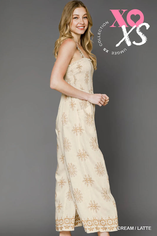 Umgee Smocked Printed Wide Leg Jumpsuit - Velora Luxury Fashion
