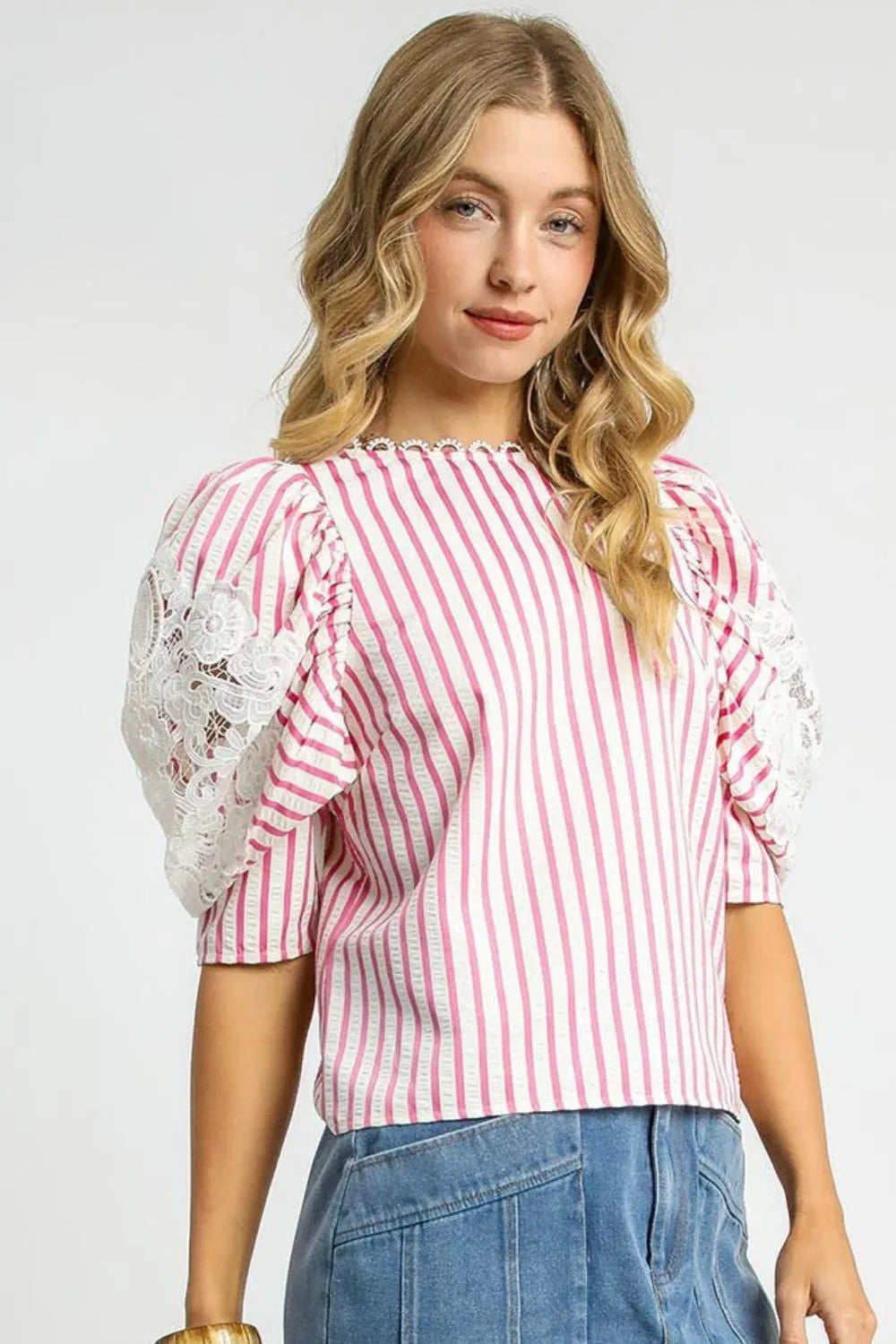 Umgee Striped Lace Puff Sleeve Blouse - Velora Luxury Fashion