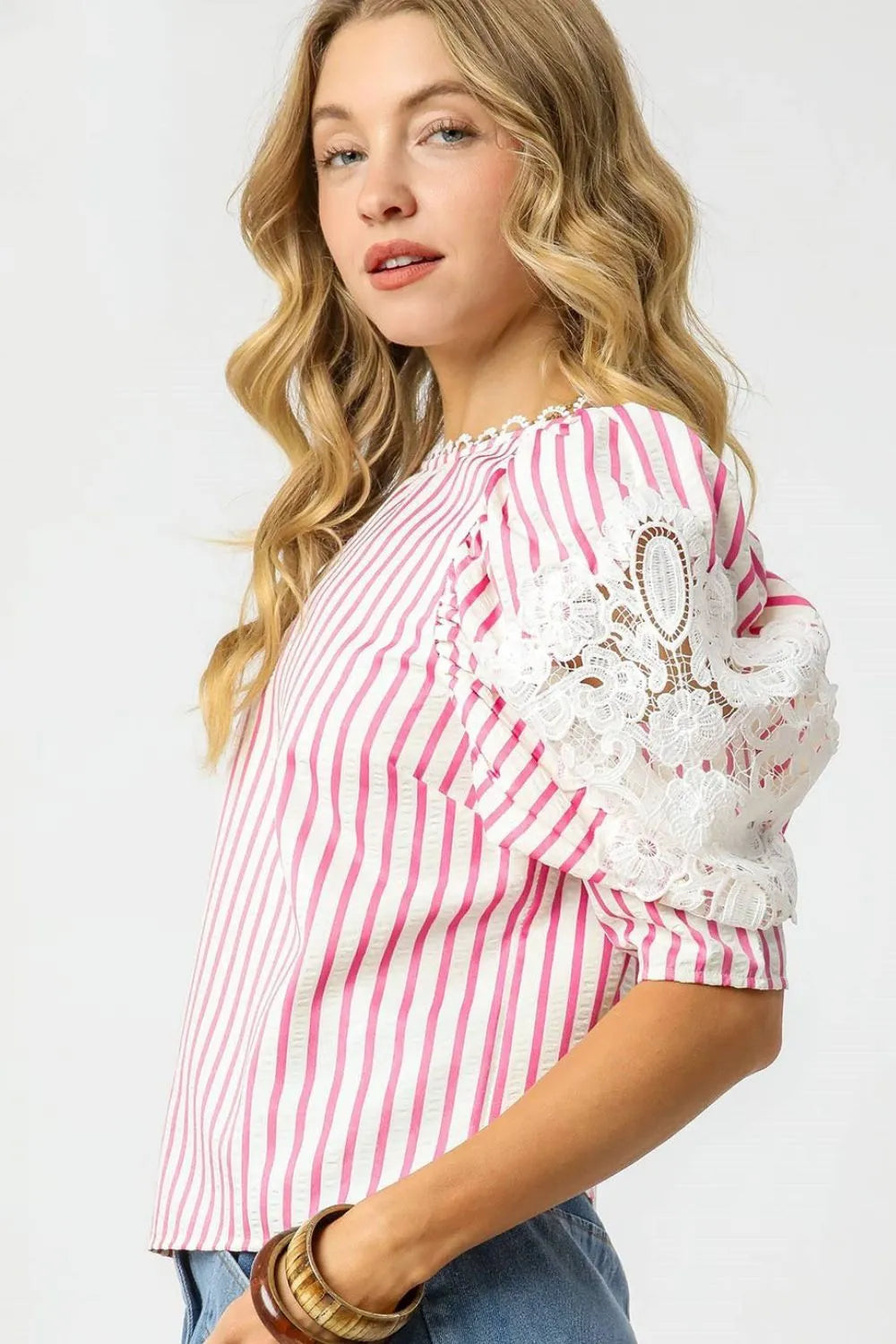 Umgee Striped Lace Puff Sleeve Blouse - Velora Luxury Fashion