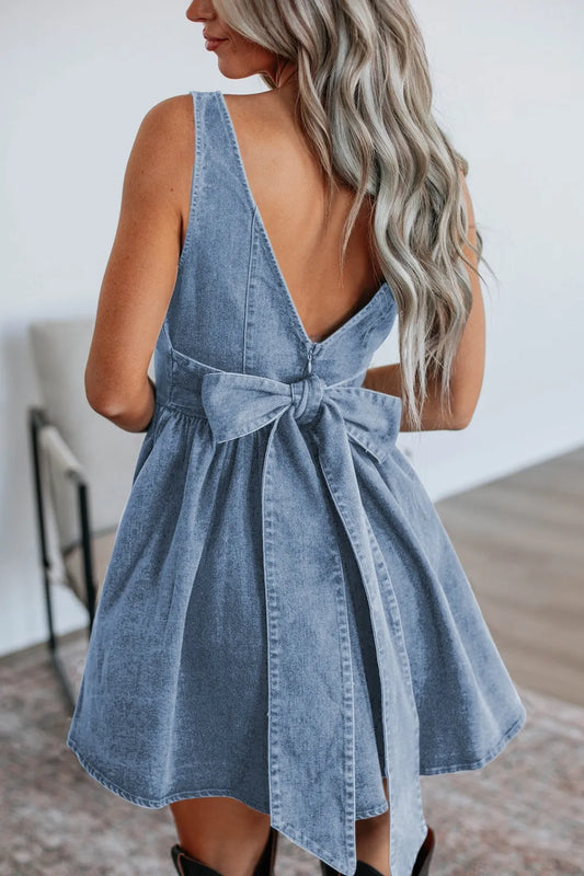 V-Back Bow Tie Denim Skater Dress - Velora Luxury Fashion